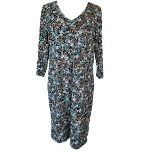 J. Jill Black Multi Floral V-Neck Long Sleeve Popover Knit Dress EUC